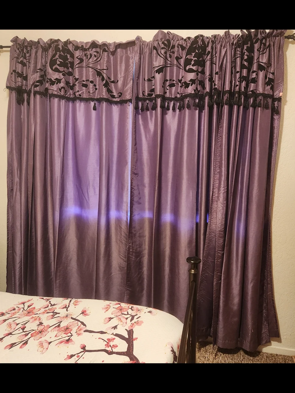 Purple Faux Silk-like Curtains W/Black Tassel Valance